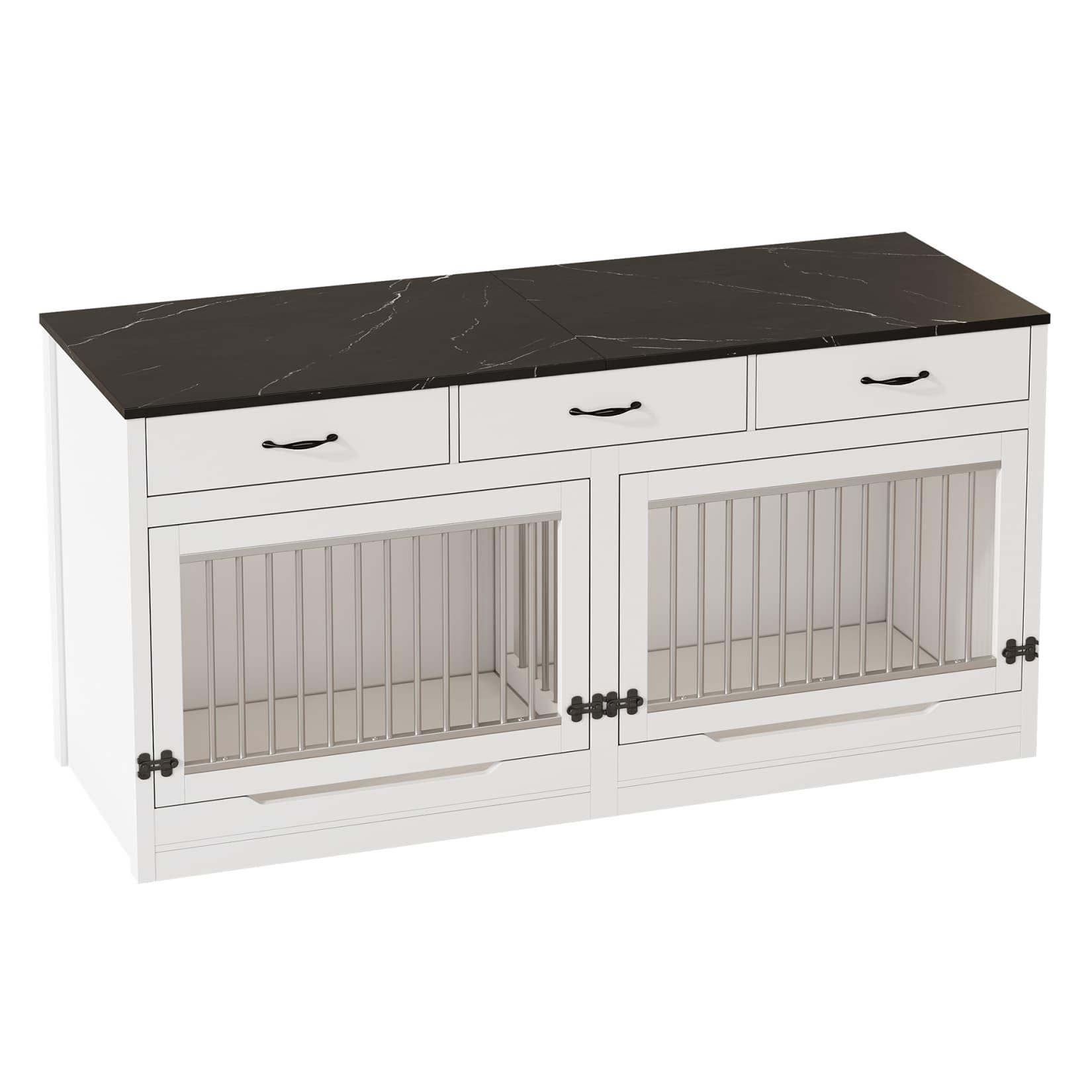 Cage pour Chien XXL 164×60×81cm,Niche/Cage Chien Interieur,Buffet avec Couvercle Supérieur à Rabat,étagère Amovible,3 Tiroirs,pour 2 Chiens (Noir Blanc)