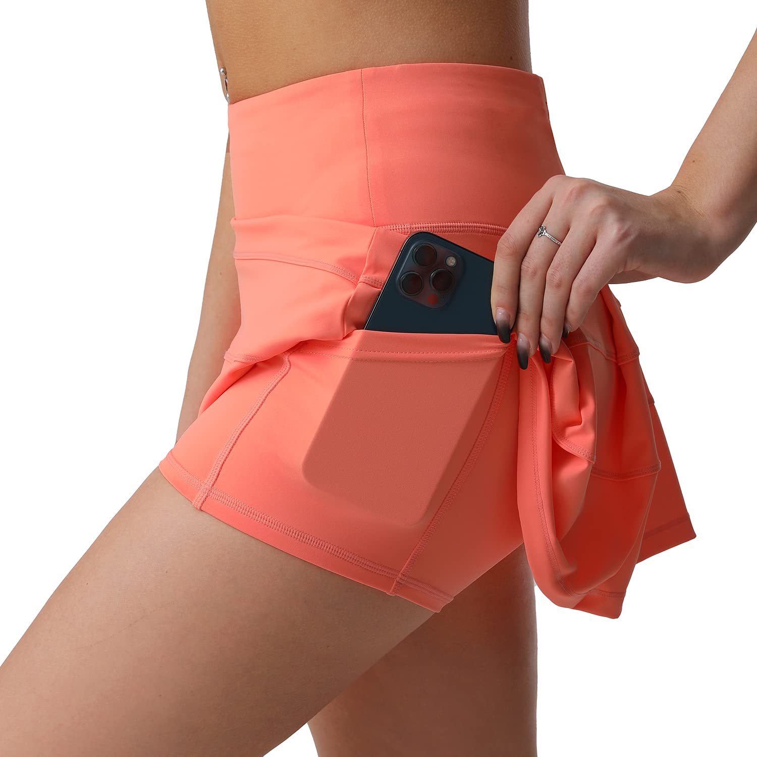 inna Tennisrock mit hoher Taille und Taschen, athletische Golf-Skorts für Frauen, lässiges Workout, integrierte Shorts, Orange/Abendrot im Zickzackmuster (Sunset Chevron)