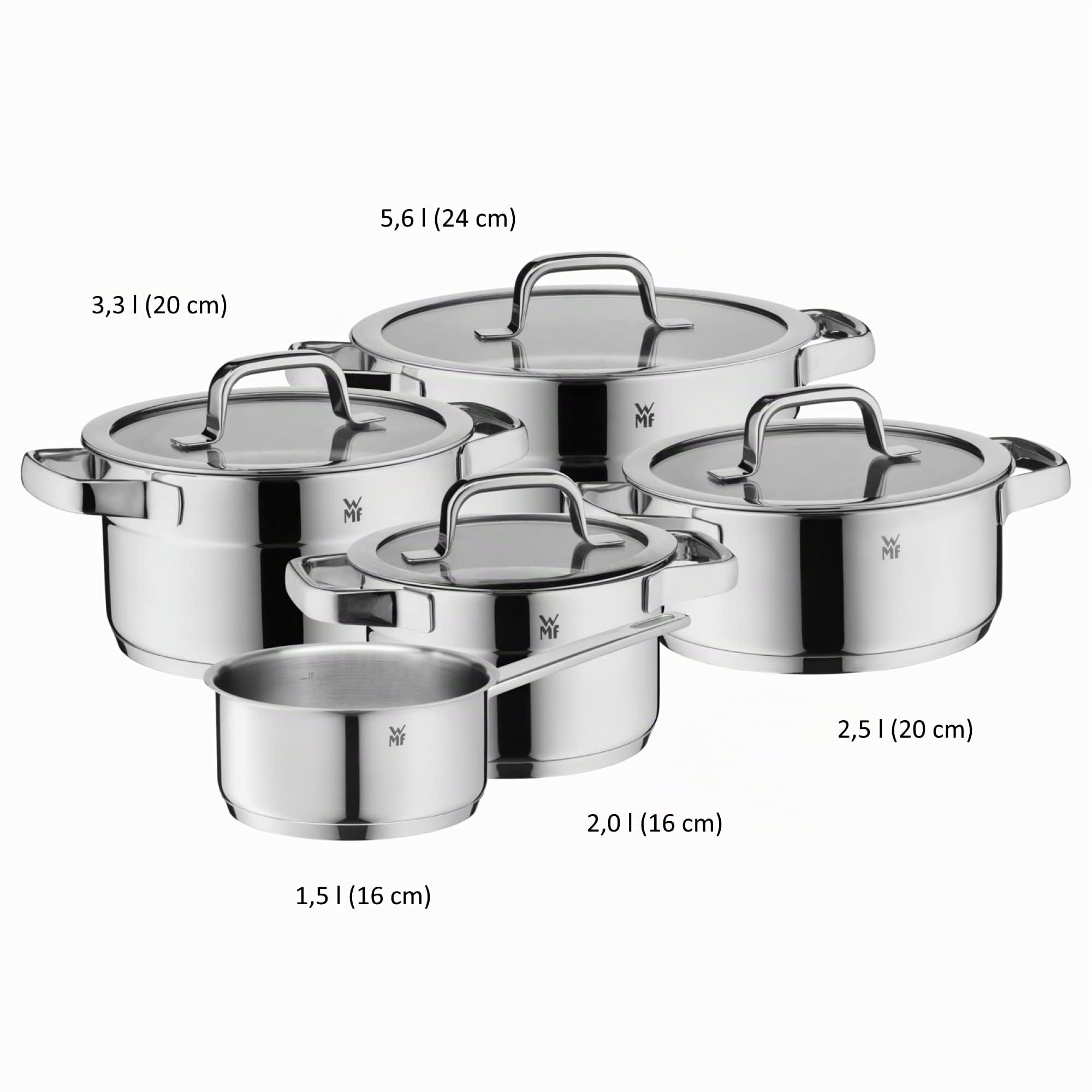 WMF Compact Cuisine - Batería de cocina para inducción (5 piezas, con tapa de cristal, acero inoxidable Cromargan pulido, sin recubrimiento, escala interior)