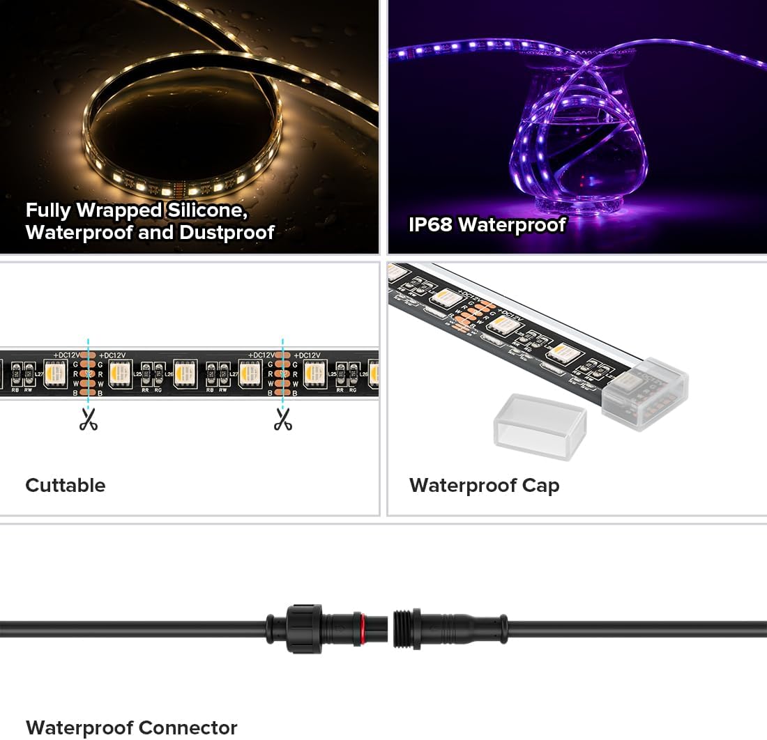 BTF-LIGHTING IP68 Waterproof Outdoor RGBW LED Strip 5050SMD RGB+Cool White(6000K-7000K) 4 Colors in 1 DC24V 5m 16.4ft 60LED/m Multi-Colored Tape Lights for Kitchen Decoration(No Adapter or Controller)