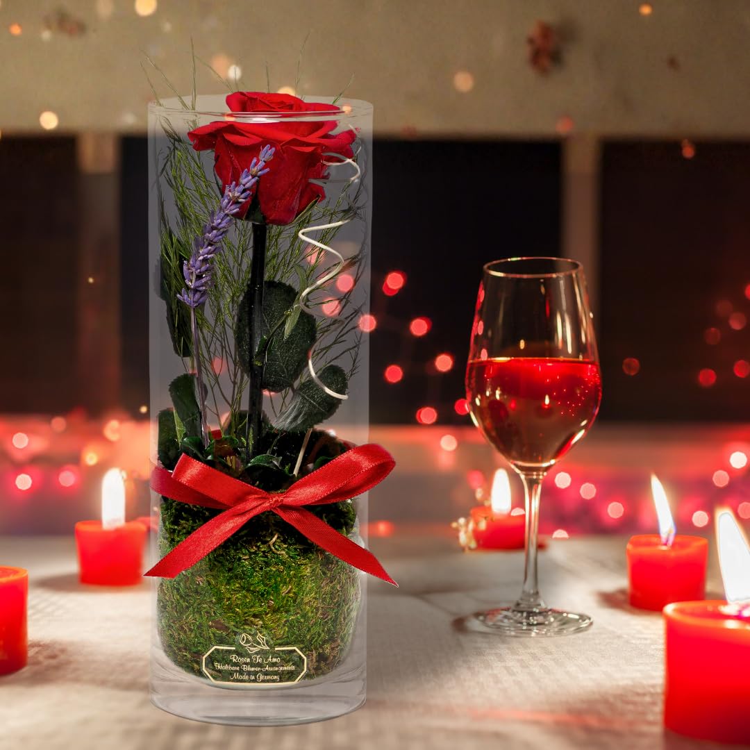 Rosen-Te-Amo | regalo festa della Mamma | rosa stabilizzata vera profumata con stelo in vaso per fiori in vetro | scatola dal design raffinato || Composizioni artigianali rosa eterna| regalo donna