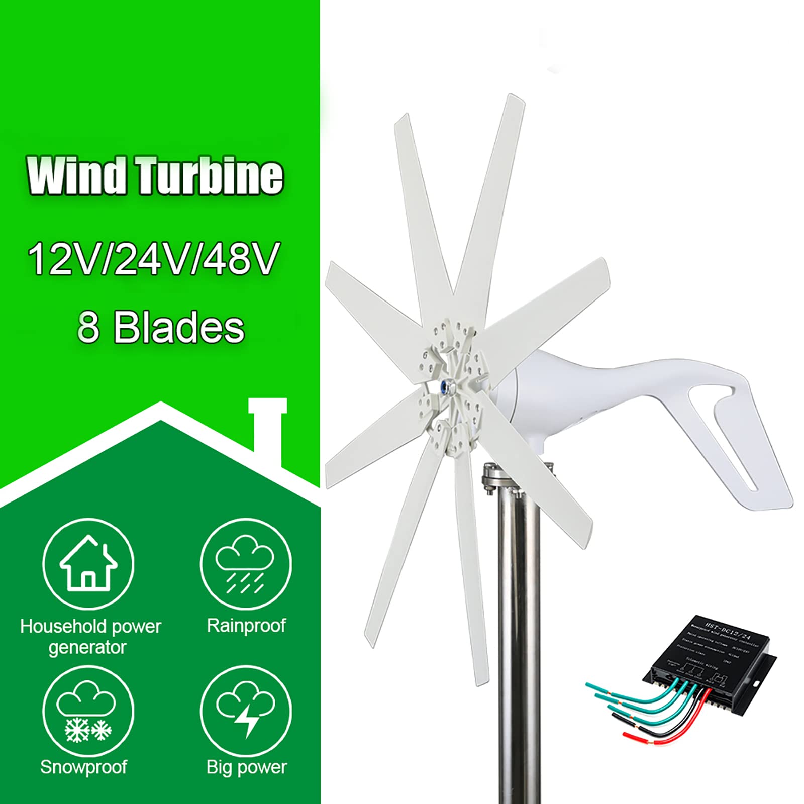 3000W-6000W Kleiner horizontaler Achsen-Windkraftanlage-Generator, 12V 24V 48V 8 Blätter-Wind-Generator mit MPPT-Prüfer-Windmühle-Generator