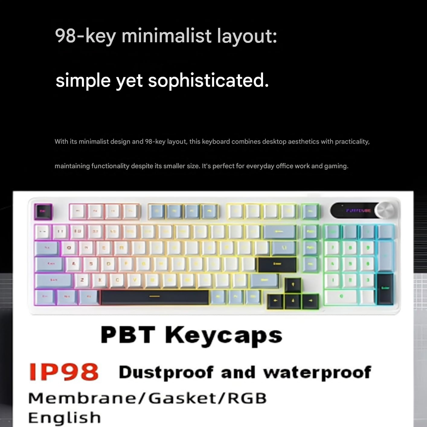 Nasadki klawiszy PBT - wysokość MOA, wodoodporne, odporne na pot, olej, podświetlenie RGB 16,8 m, odłączany kabel USB-C i minimalny poziom hałasu, elegancka estetyka mecha, prostota membrany do biura