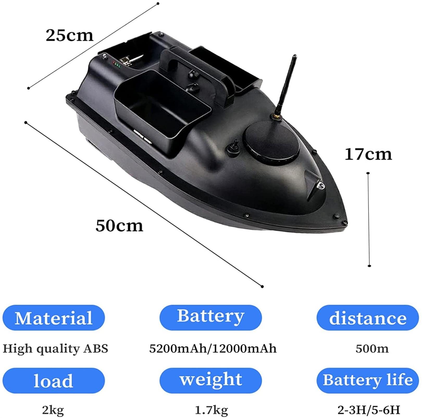 Barca Esca Telecomandata, GPS Barca Esca Intelligente, Barchino Carpfishing con Doppio Motore e Batteria da 5200/12000 mAh, Grande capacità di Carico 2 kg
