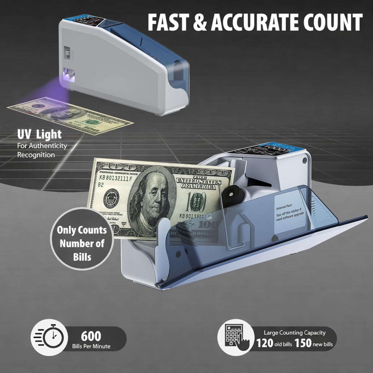 DETECK DT5SB - Máquina portátil de contador de dinero con detección de falsificaciones UV/WM – Práctica cantidad de billetes solo para contador de efectivo pequeña (batería recargable incluida)