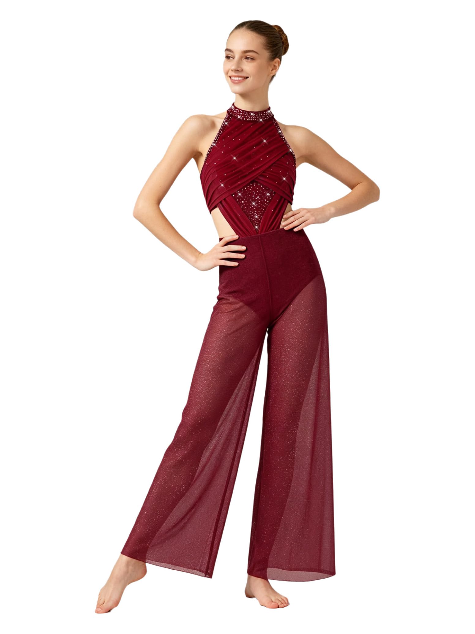 inlzdz Donna Tuta Intera Ginnastica Artistica Jumpsuit Pattinaggio Latino Borgogna 3XL