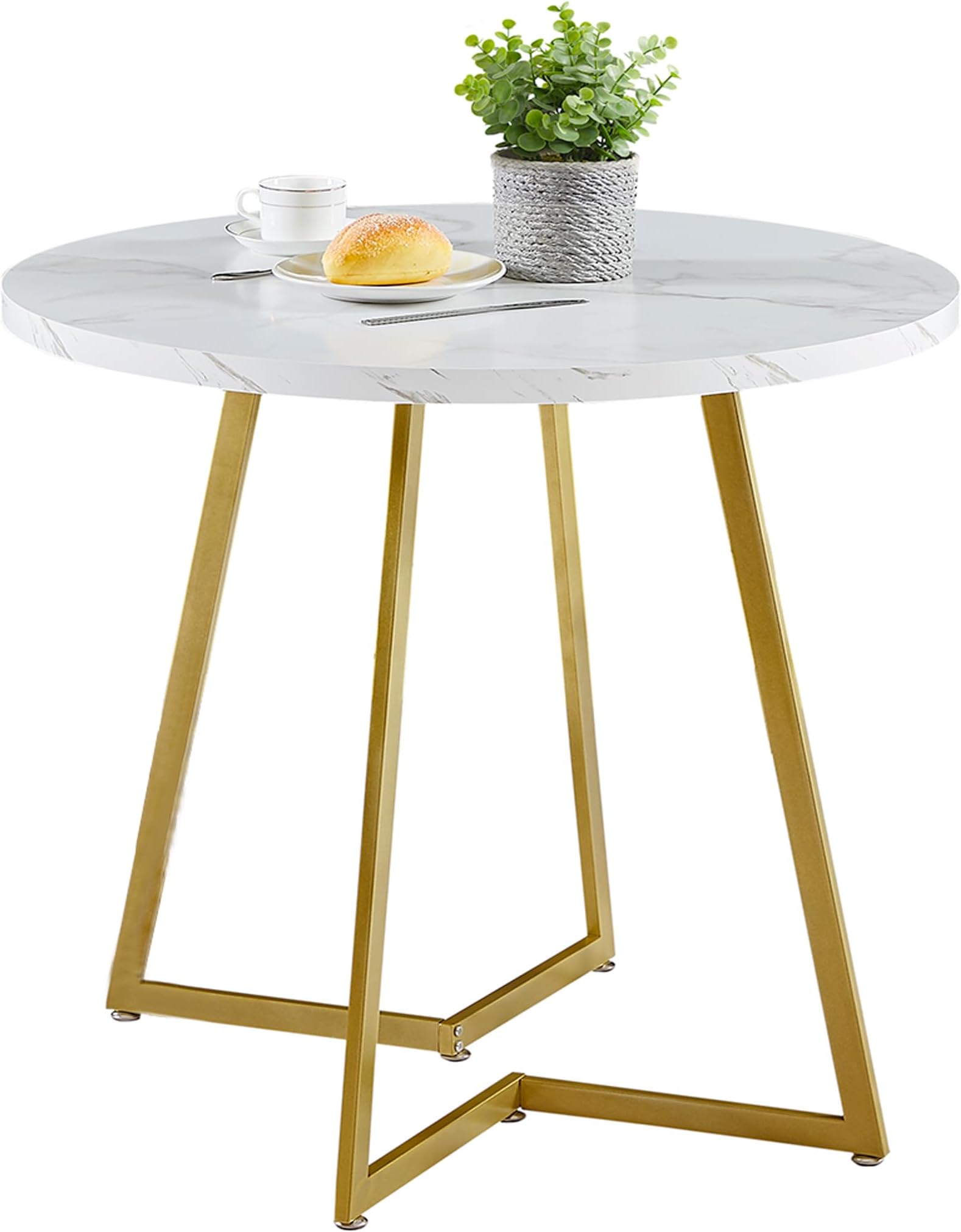Round Dining Room Table with Wood Grain Tabletop and Steel Frame, for Kitchen, Living Room, Office, Conference, 2 to 4 Person, White & Gold
