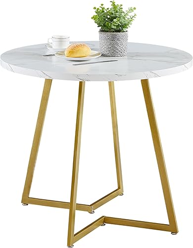 Miniatura 1 de VECELO Mesa de comedor redonda con mesa de grano de madera y marco de acero, para cocina, sala de estar, oficina, conferencia, 2 a 4 personas,