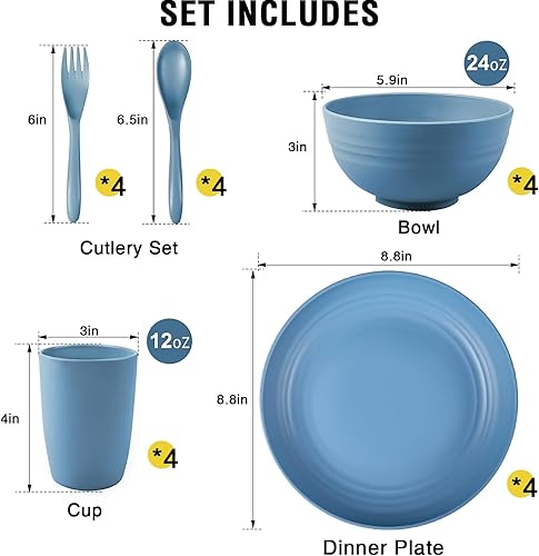 Miniatura 2 de Shopwithgreen Juego de vajilla de paja de trigo, 20 piezas de platos y cuencos irrompibles para microondas, vajilla ligera y reutilizable, cuencos,