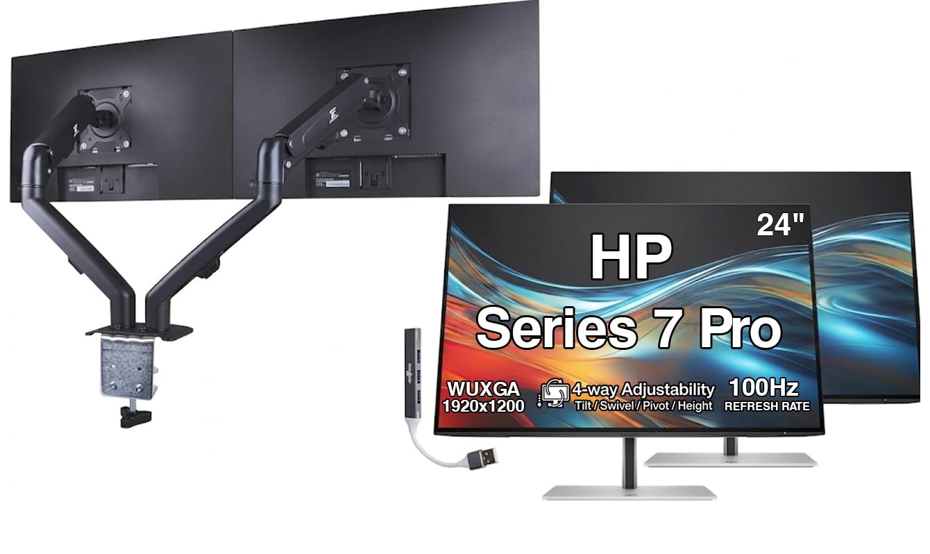 HP Series 7 Pro 24" WUXGA USB-C Docking Monitor with Adjustable Tilt/Swivel/Pivot/Height, VESA Mount, Displayport, Black/Silver 2 Pack w/DKZ Hub & ErgoFlexy Dual Mount Arms