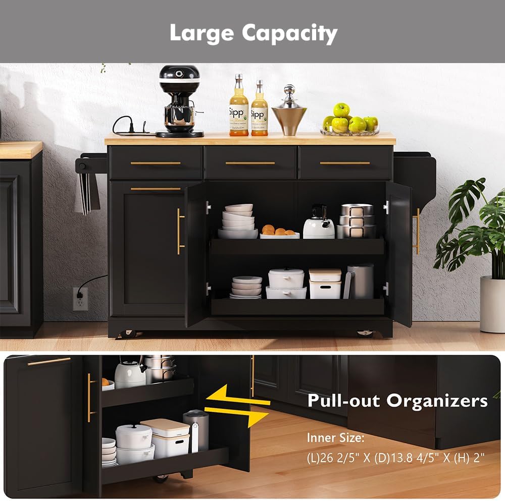 59.3" Rolling Kitchen Island with Trash Can Storage, Mobile Kitchen Storage Island with Drop Leaf, Power Outlet, Pull Out Cabinet Organizer (Black)