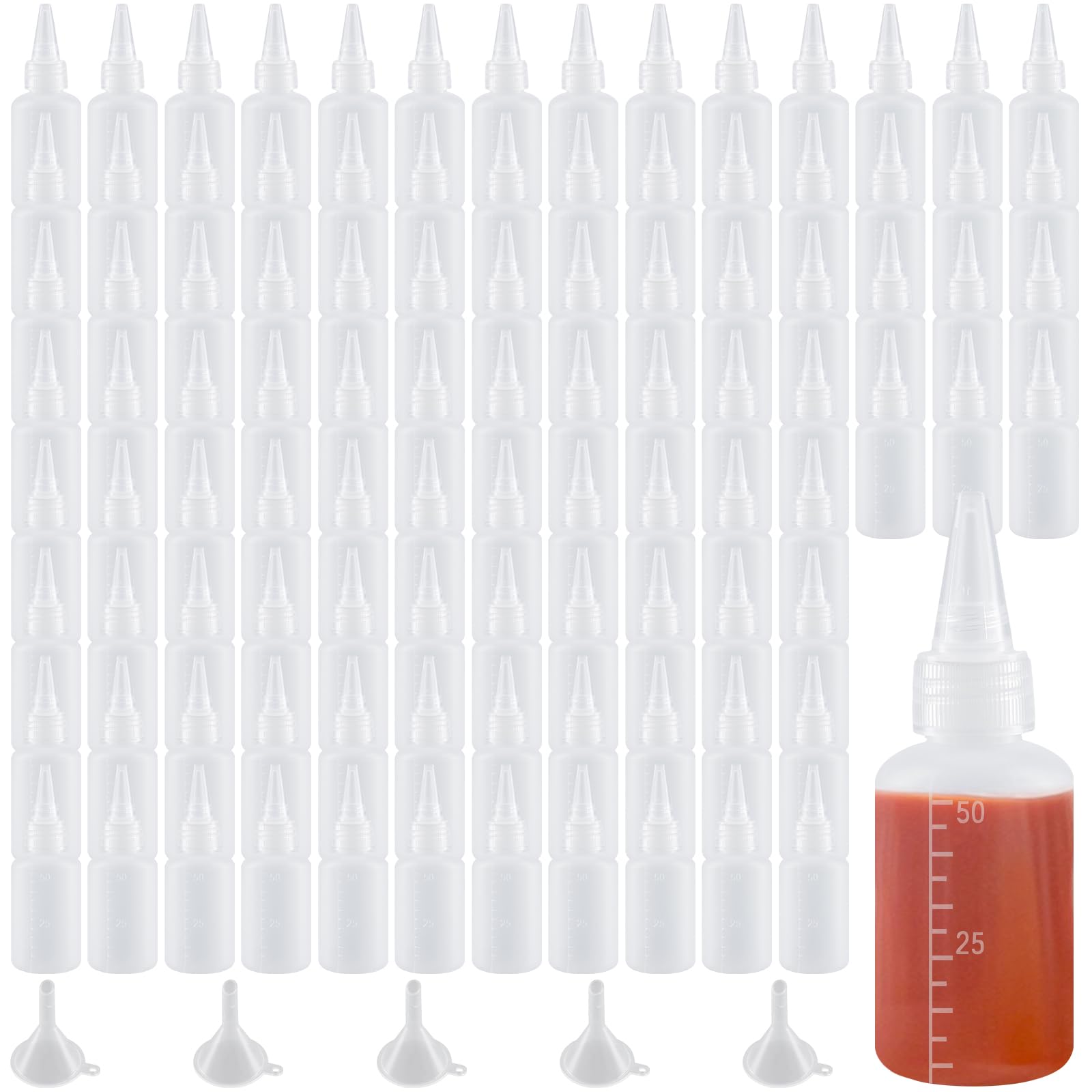 Lot de 100 flacons applicateurs semi-transparents de 50 ml avec entonnoirs pour condiments pour peinture, artisanat, liquides, loisirs créatifs, peinture