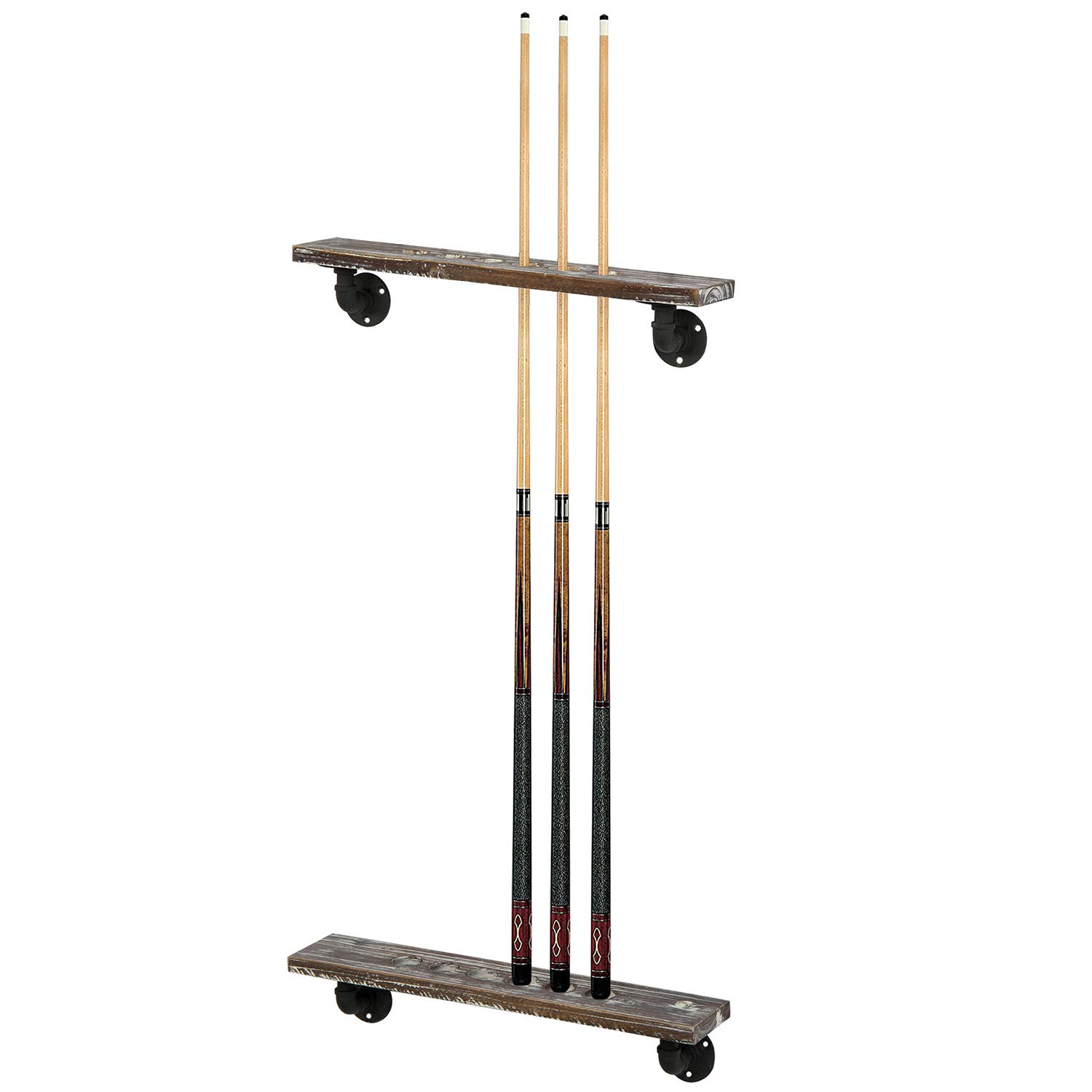 MyGift Rustic Torched Wood and Industrial Metal Pool Cue Holder, Wall Mounted Billiards Cue Racks