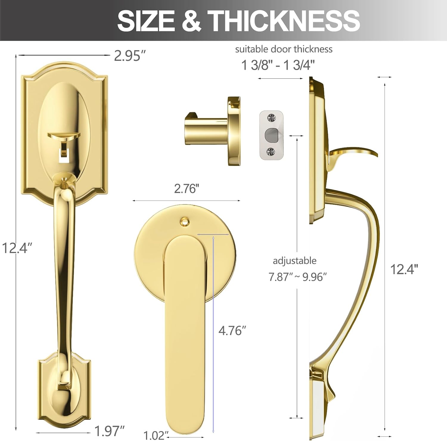Front Door Handle and Deadbolt Set, Gold Front Door Lock Set, Entry Door Handleset Adjustable Bottom, Exterior Door Lock Set, Reversible Lever for Front Door/Entrance, Polished Brass