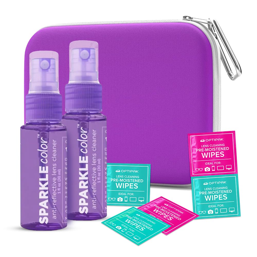 Sparkle - Kit de spray limpiador de lentes seguro antirreflectante – (2) aerosoles limpiadores de gafas de 1 onza, (5) toallitas prehumedecidas para lentes y (1) bolsa multiusos para gafas, lentes y