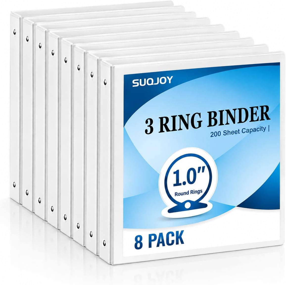 SUQJOY 1-inch 3-Ring Binder, 1" Round Ring Binder with 2 Inside Pockets, 8 Pack Black Binders, Clear View Cover, Holds 8.5'' x 11''Paper for Office/Home/Back to School