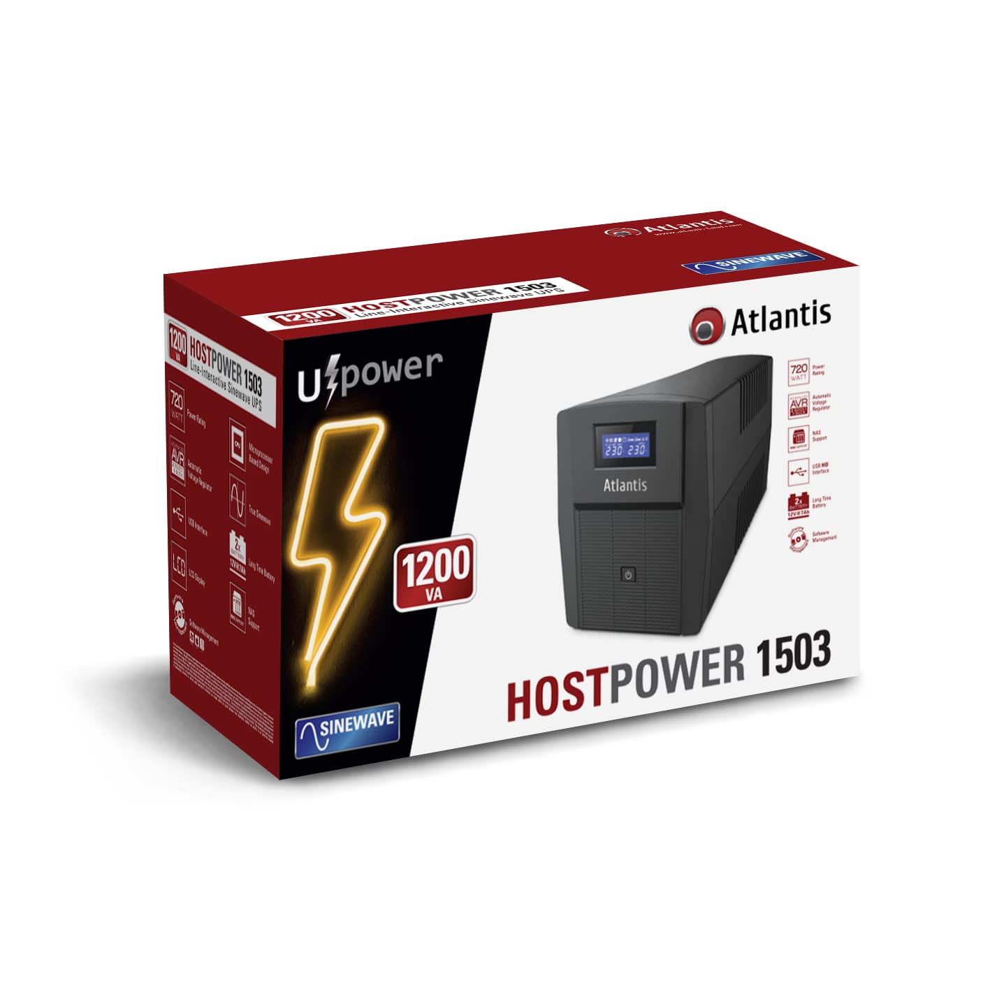 Atlantis A03-HP1503 Sistema de alimentación ininterrumpida Onda sinusoidal Pura 1200VA 720W Line Interactive, LCD, USB-HID, 3 IEC + 2 Schuko, protección RJ45,Cable de alimentación, 2 baterías 12V 7Ah