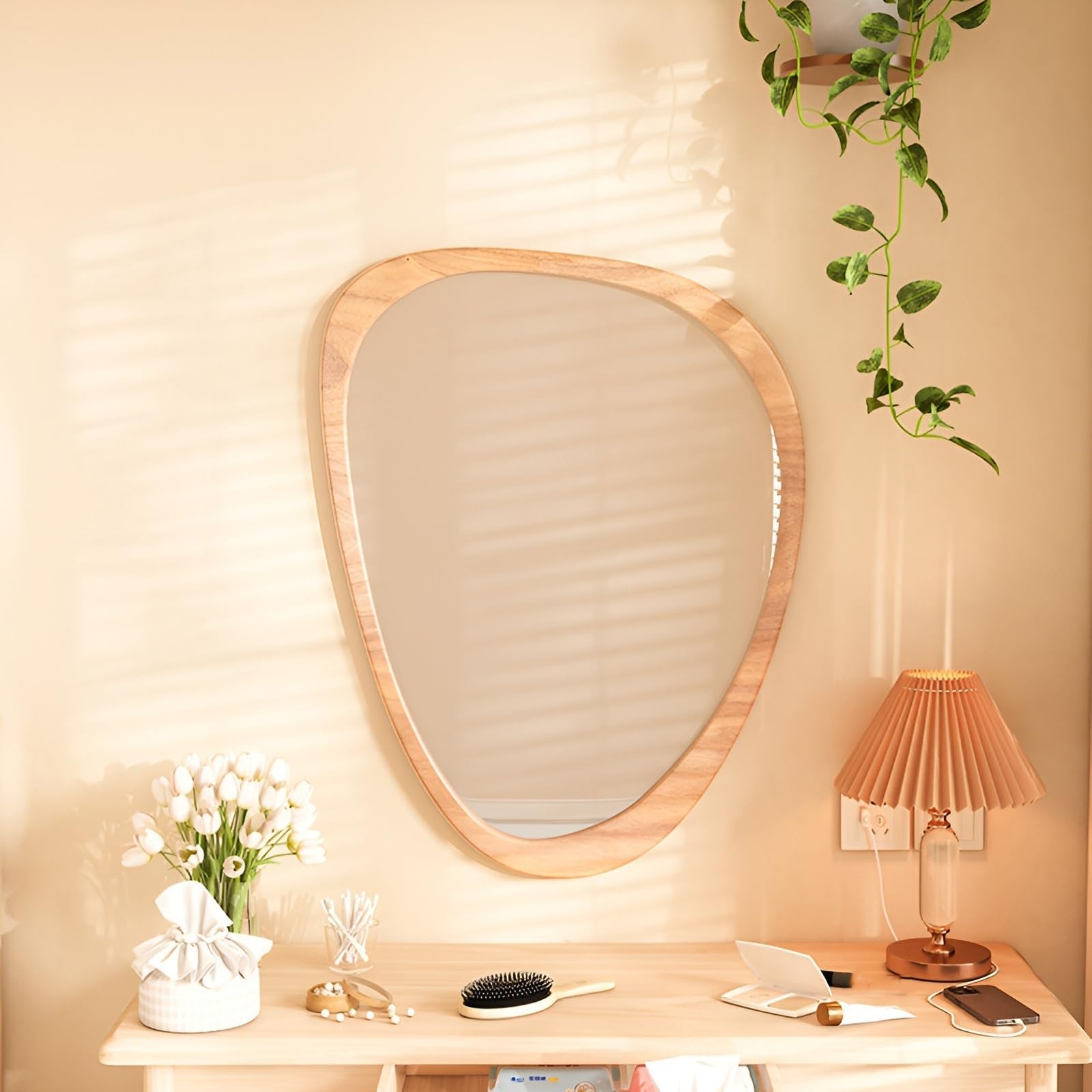 FGXHHS Wall Mounted Vanity Mirror With Wood Framed, Irregular Decorative For Bedroom Living Room Entryway Hallway(Wood Color,60x80cm/23.6x31.5in)