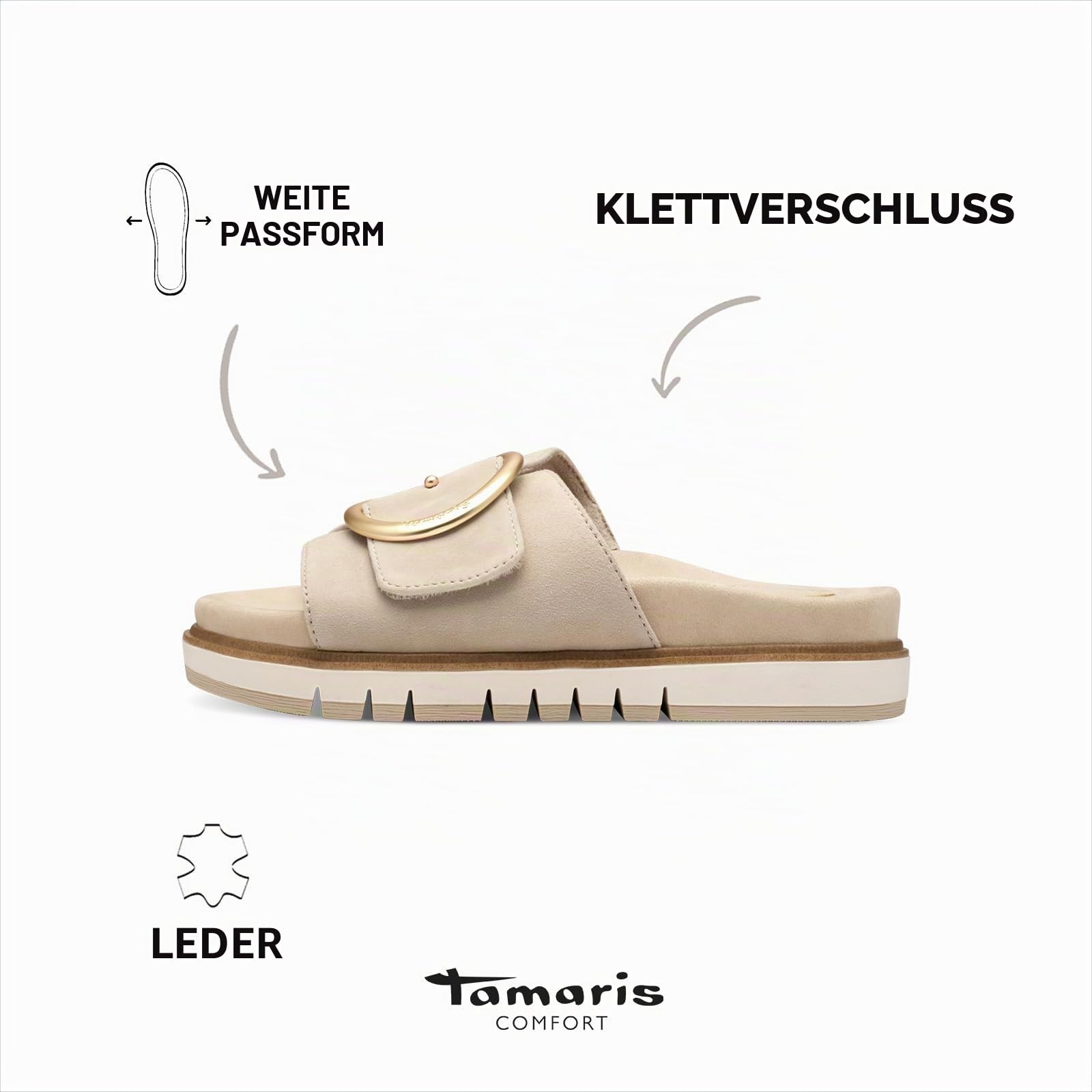Tamaris Damen Wide Fit Pantoletten flach mit Klettverschluss und Schnalle