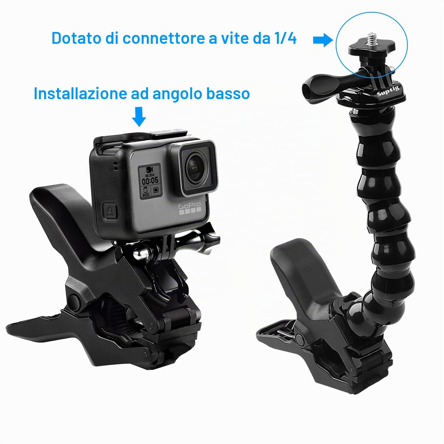 Suptig Ganasce flessibili - Supporto a collo d'oca per GoPro Hero 13 Hero 12 Hero 11 Hero 10 Hero 9 Hero 8 Hero 7 Hero 6 Hero 5 Hero 4 Session Hero 3+ Hero 3 Dji osmo Insta 360 Akaso Arlo Pro Arlo Go