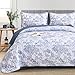 WONGS BEDDING Blue Quilt Set Queen Size, 3 Pieces Botanical Bedspreads Set Lightweight Microfiber Blue Toile Plants Pattern Coverlet Home Decor for All Seasons(96