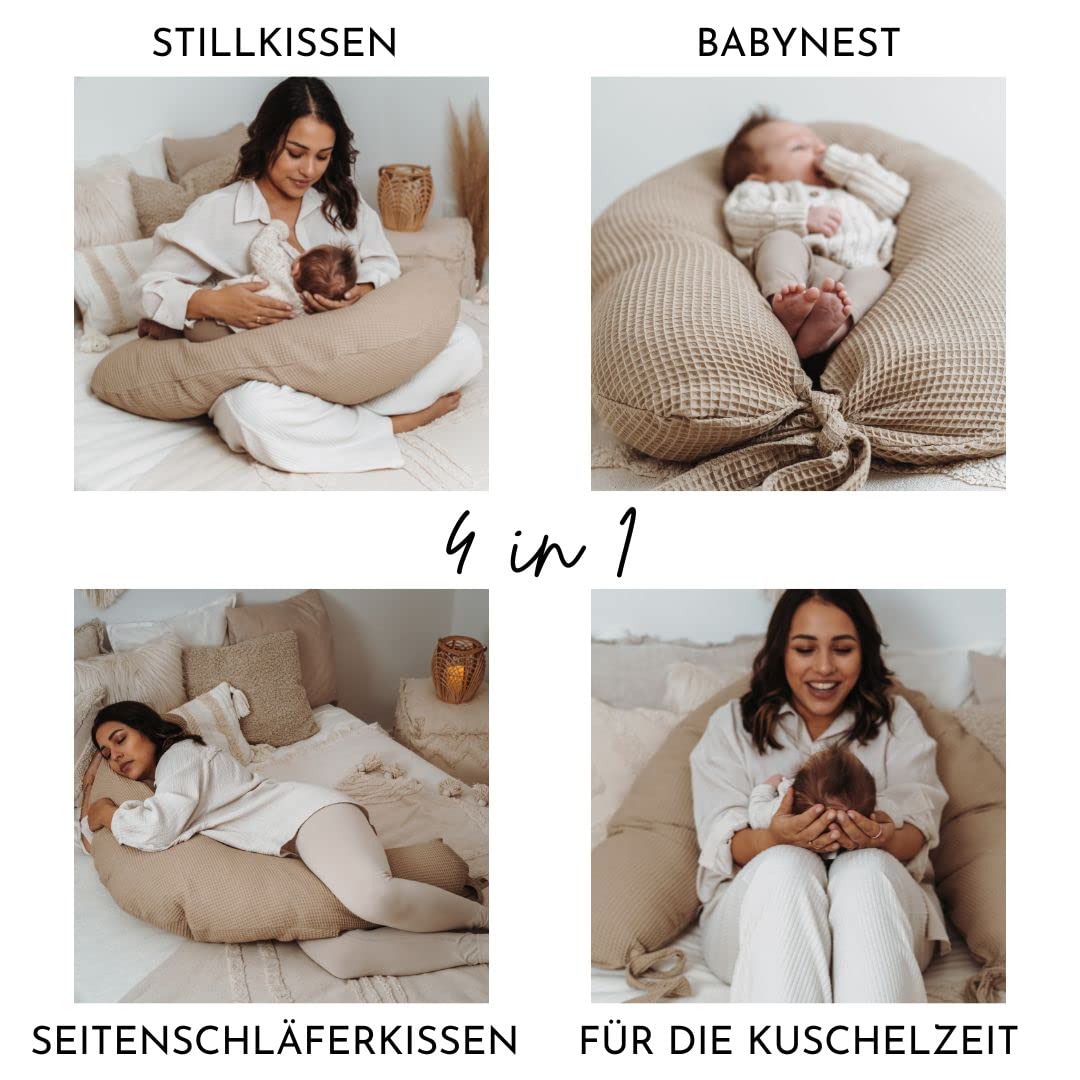 Stillkissen XXL Seitenschläferkissen 190 cm Schwangerschaftskissen Waffelpiqué 100% Baumwolle Set Kissen inkl. Bezug (Senf)
