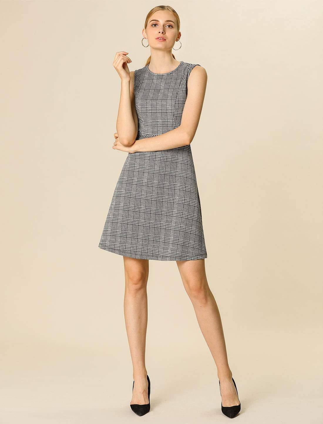 Allegra K Women's Plaid Dress Sleeveless A Line Vintage Houndstooth Work Dresses - Image 4
