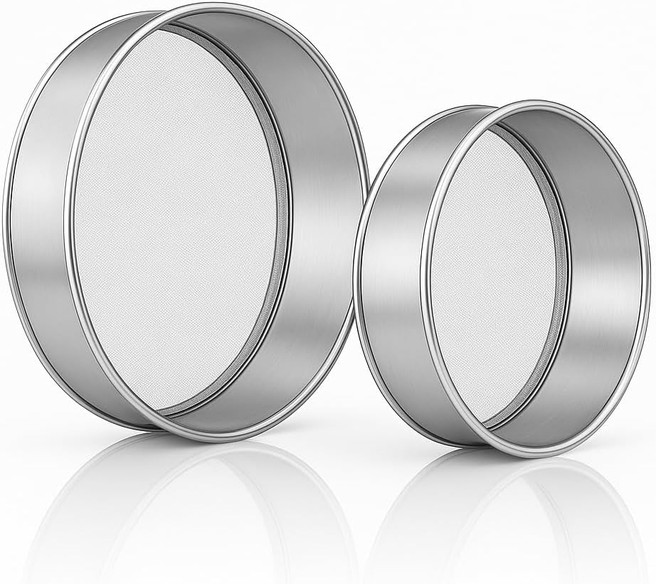 Stainless Steel Flour Sifters, Set of Fine Mesh Round Flour Sieves for Baking - 8" Diameter x 2.5" High and 9.5" Diameter x 2.5" High; Both 20 Mesh