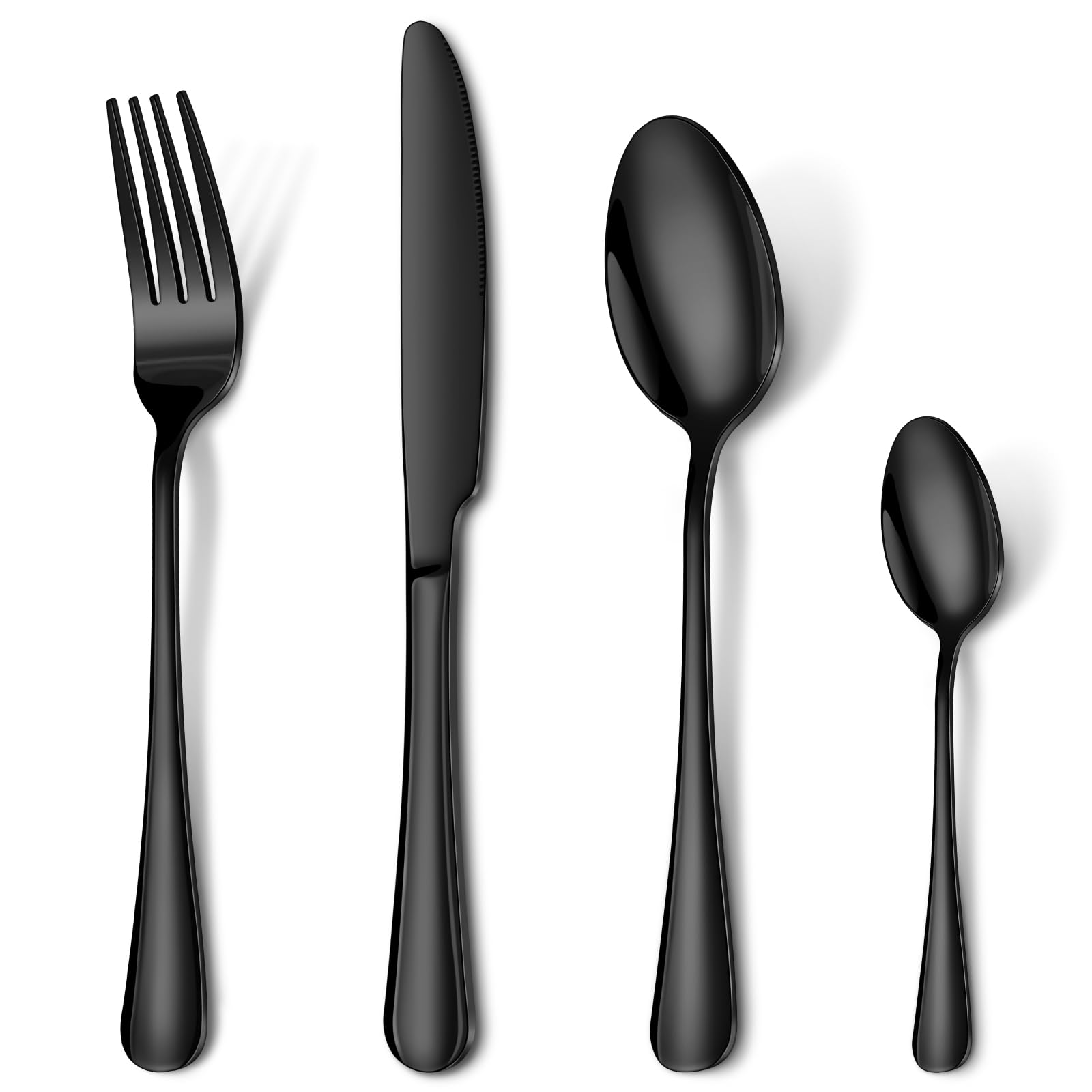 Cutlery Set Black, HONKKU 32 Pieces Stainless Steel Flatware Set for 8 People, Mirror Polished Silverware Set with Spoon Knife and Fork Set for Home Kitchen, Dishwasher Safe