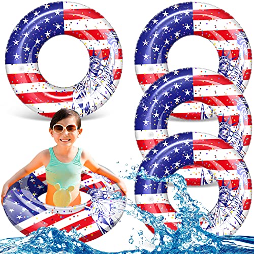 Wettarn 4 Pcs 24 Inch Patriotic Inflatable Pool Float with Confetti USA Flag Swim Tube 4th of July Pool Tube Cool Pool Floaties Water Swimming Ring for Girls Boys Pool Toys Beach Lake Water Sports
