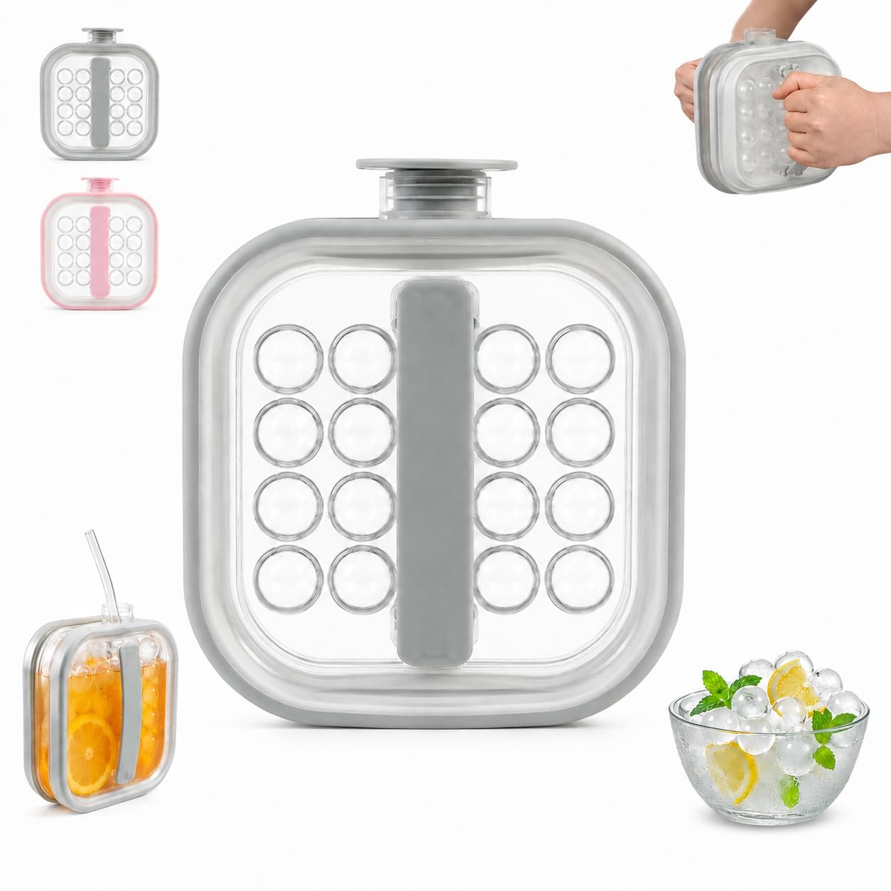 Portable Silicone Ice Ball Maker Kettle, 2-in-1 Round Ice Cube Mold & Drink Pitcher, 18 Balls Leakproof Ice Tray with Handle, Quick Release Ice Bottle for Cold Drinks, Home, Camping and Picnic, Grey
