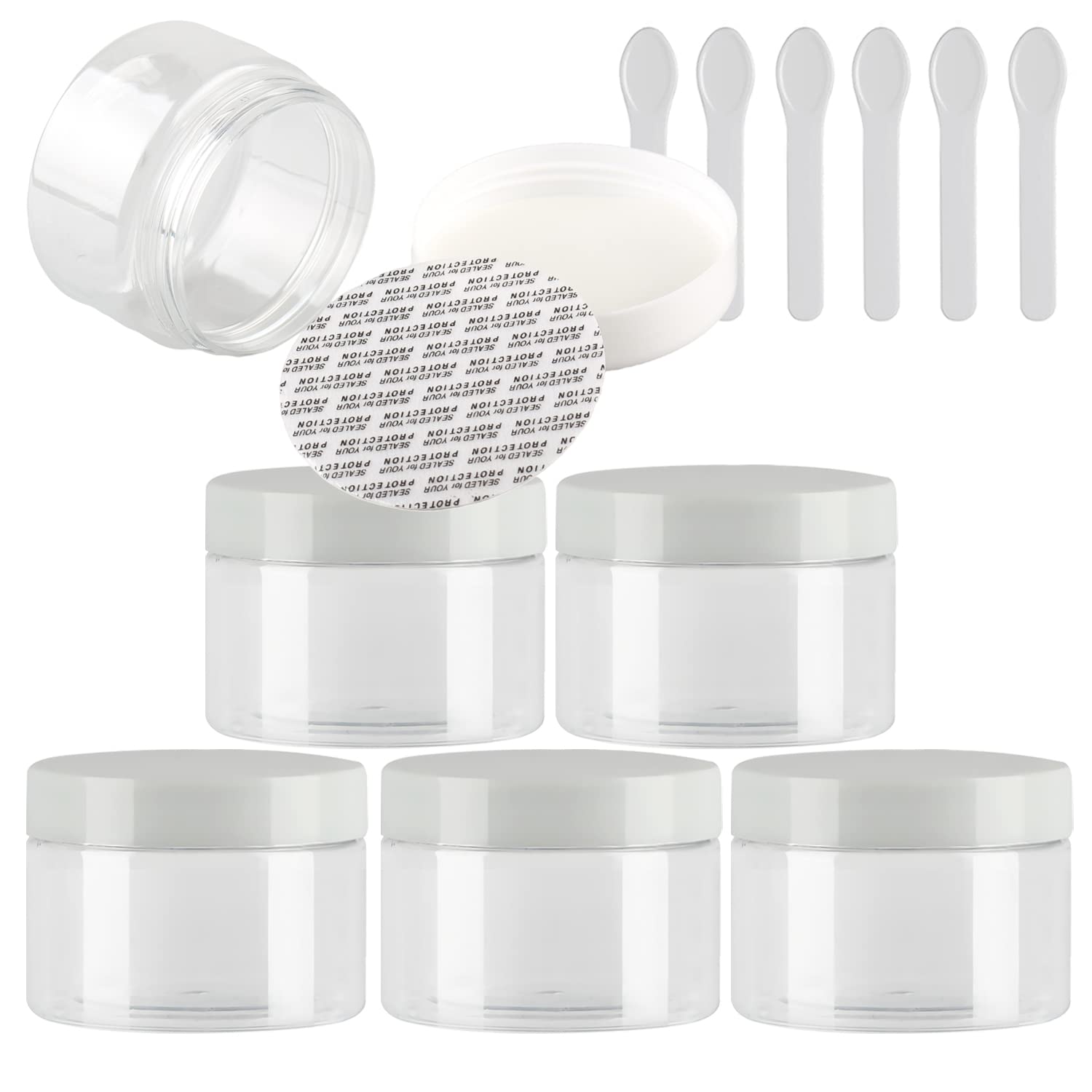 TIANZD6 Pieces Empty 150ml Transparent Plastic Cosmetic Jars with White Screw Lid 150g Small Pot for Cosmetic Travel Homemade Cream Gel Lip Balm Salve Storage Containers+ 6x Spatula