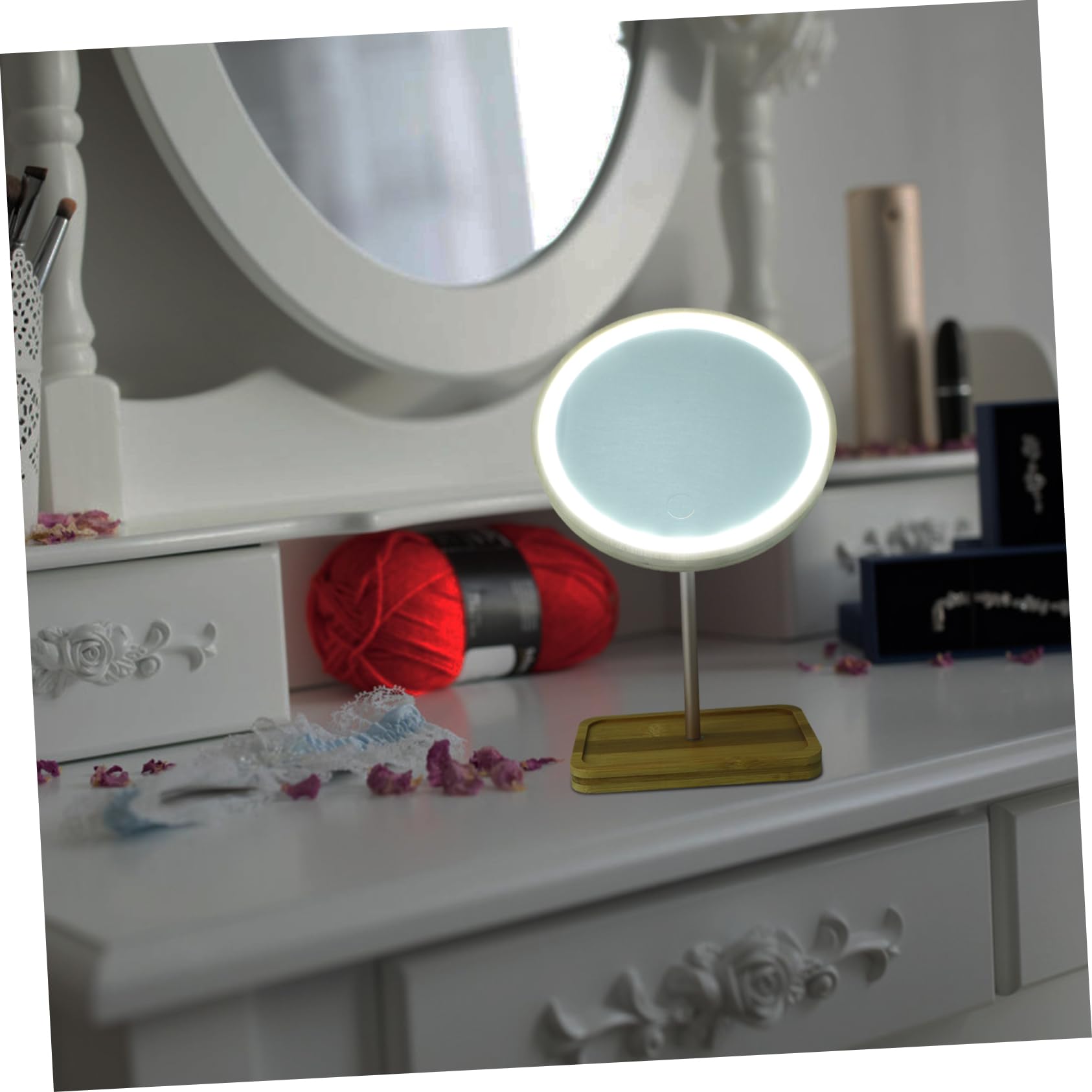 FRCOLOR Specchio da Tavolo LED in Legno con Luce e Batteria 1200ma | Vassoio Integrato, Struttura in Alluminio, per Dressing Tables e Bedroom Dressers