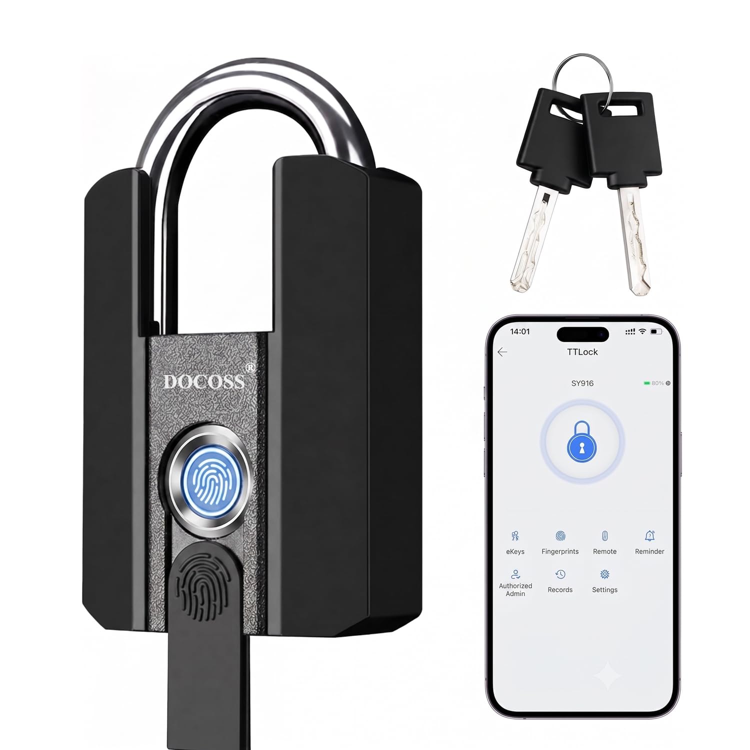 DOCOSS Fingerprint Door Lock, Heavy-Duty Smart Padlock, Fingerprint Lock with 3-Way Unlock (Fingerprint/App/2 Keys),USB Rechargeable, Waterproof Lock for Suitcase,Home, Office, Gym Locker, Gate-image-22