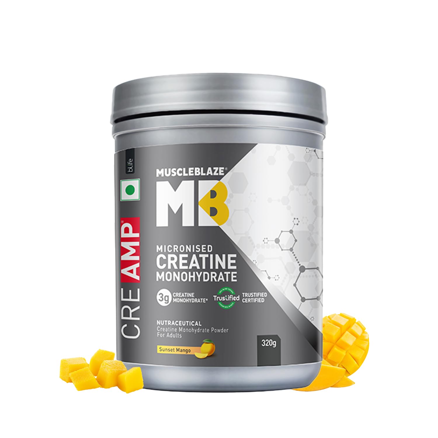 MuscleBlaze Creatine Monohydrate CreAMP™ (Sunset Mango, 80 Servings, 320g) | Trustified Certified Creatine