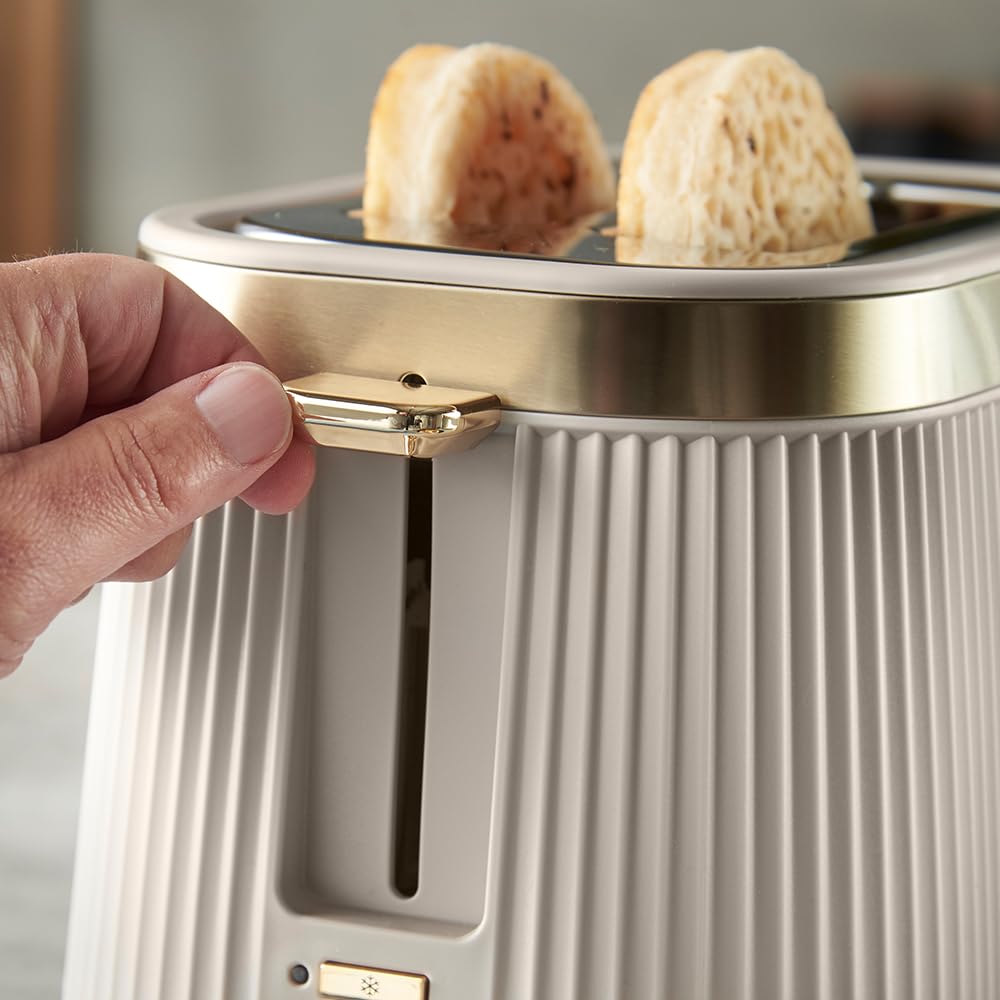 Russell Hobbs Grille pain [pour 2 tranches] Brontë Stone (6 réglages, finition beige mate, accents dorés, décongélation, réchauffage, surélévation, Lift et Look, support pour petits pains) 26761-56