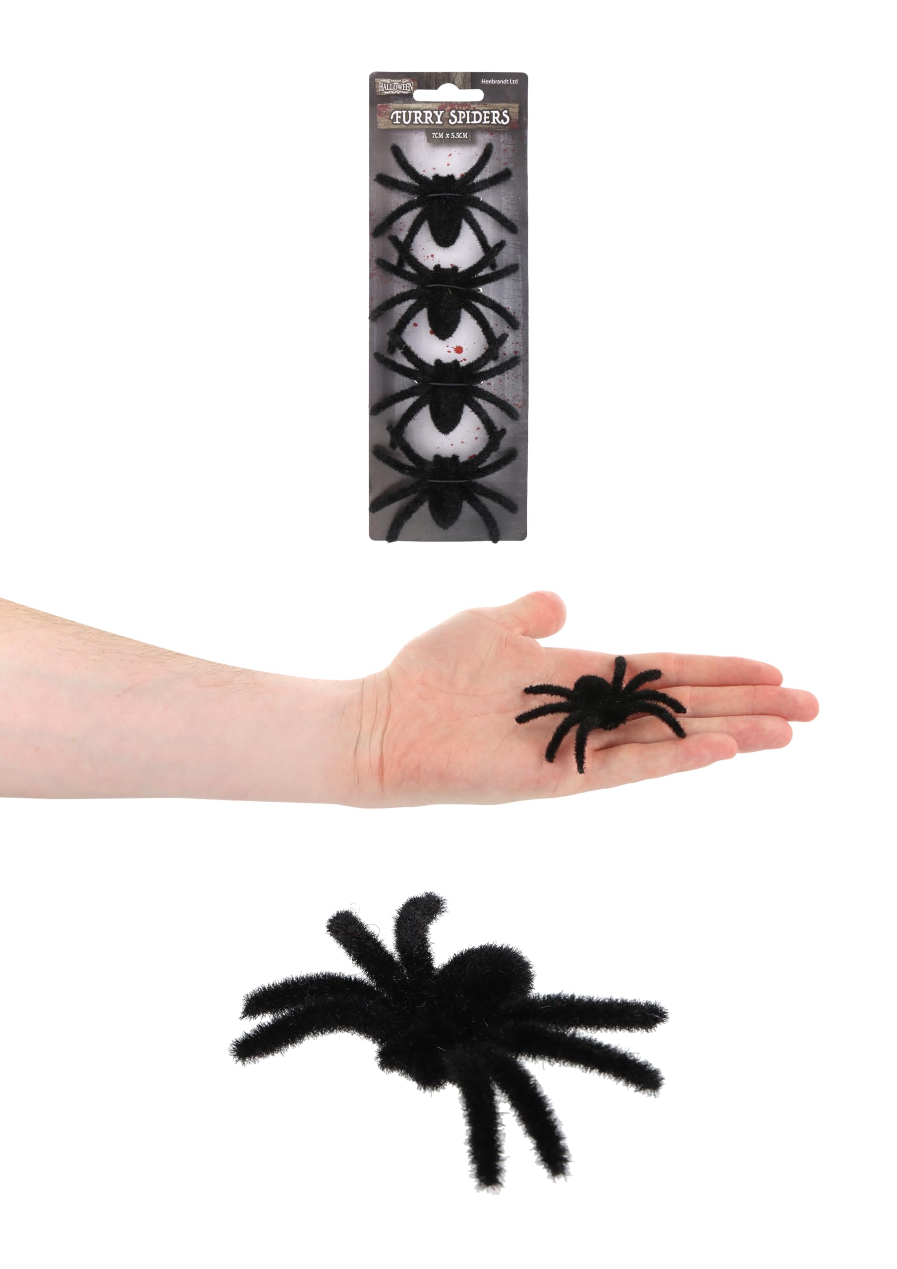 Henbrandt Black Single Pack Of 4 Small Furry Spiders 7Cm Scary Hairy Spider Trick Or Treat Party Favours Loot Bag Fillers Indoor Props Novelty Gag Gift Scary Pranks Halloween Decorations