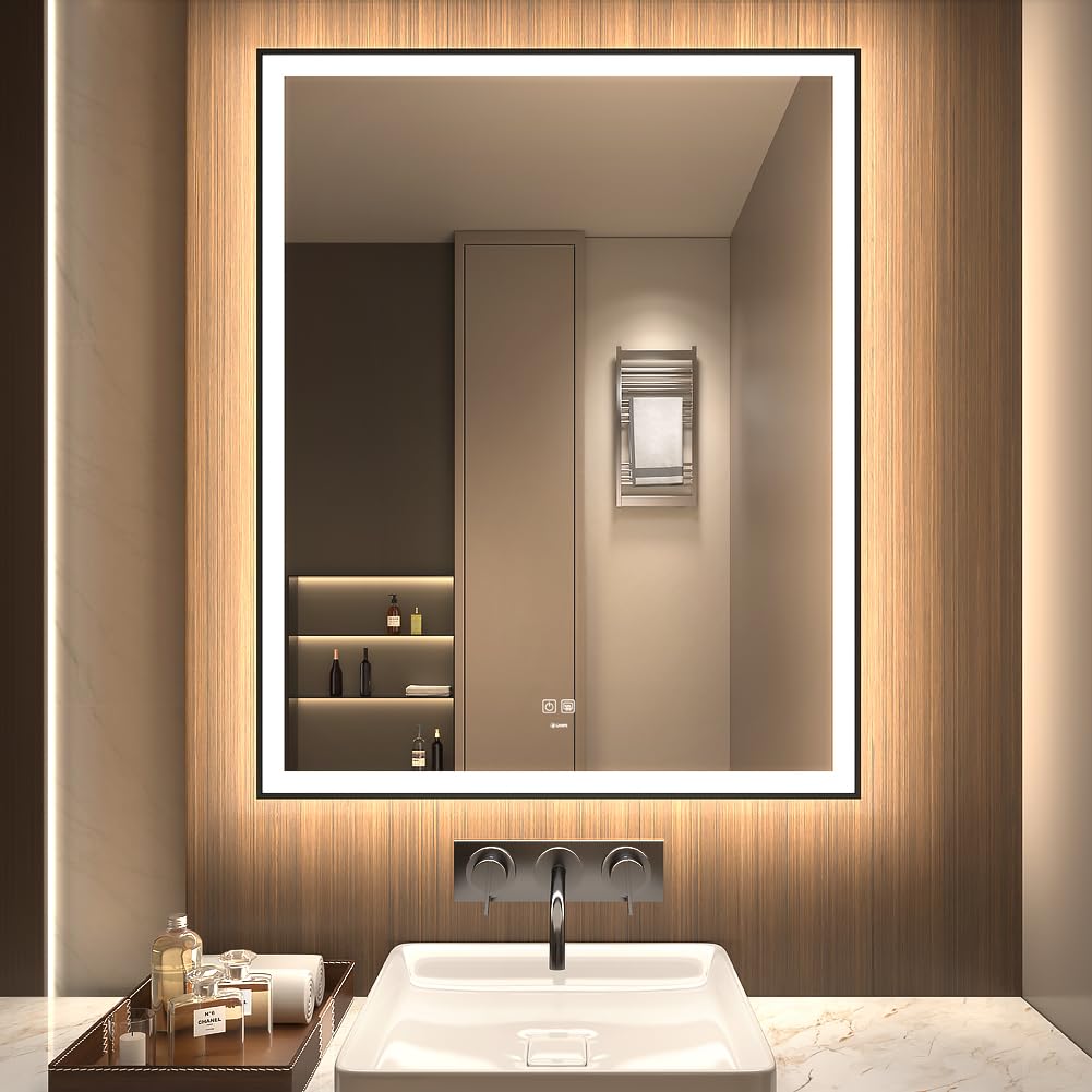 GANPE Espejo de baño LED, Espejo de tocador de Maquillaje montado en la Pared, Espejo Iluminado Moderno Grande, antiniebla+IP44 Impermeable+Vertical y Horizontal (80 x 100 cm)