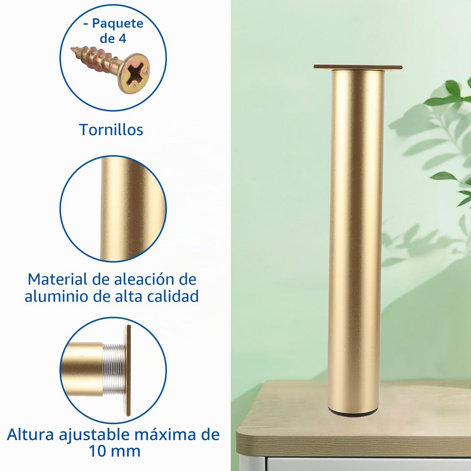 YAYODS - Juego de 4 patas de muebles (25 cm, ajustable, metal dorado, con tornillos, para sofá, TV, mesilla de noche, mesa de café, armario, oficina