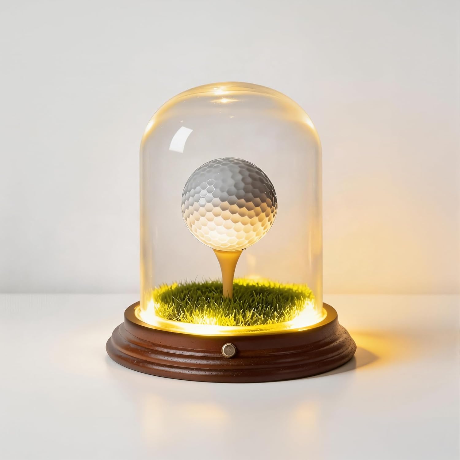 Illuminated Golf Ball Display Case,Hole in One Golf Ball Display Case,Clear Glass Memorabilia Stand with Wood Base,Single Golf Ball Holder for Souvenirs & Collections (Golf Balls Not Included)