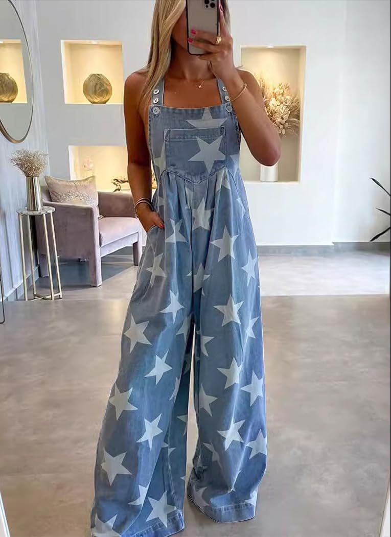 chouyatou Women's Loose Adjustable Strap Denim Bib Overalls Stars Print Wide Leg Baggy Long Jeans Jumpsuit - Image 2