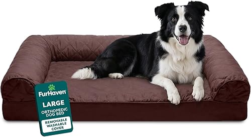 Miniatura 35 de Furhaven - Cama ortopédica para perros, estilo sofá, acolchada, con funda extraíble y lavable, marrón tostado, tamaño jumbo (XL) Café,Dark