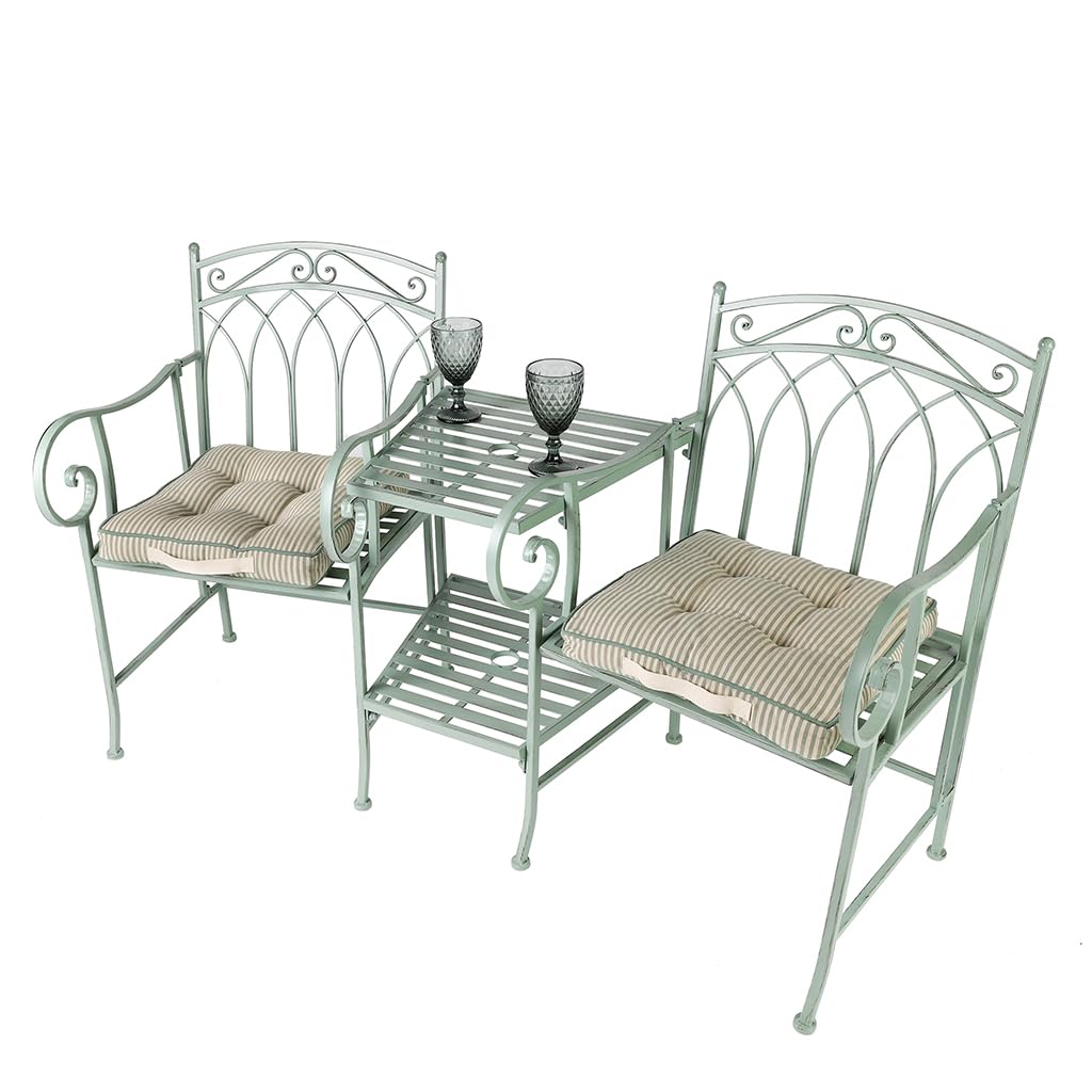 Dibor 2 Seater Garden Bench with Table Green Vintage Style Garden Sofa Patio Set with Set of Machine Washable Recycled Cotton Box Cushions Love Seat Patio Balcony Lawn Decking Furniture Iron
