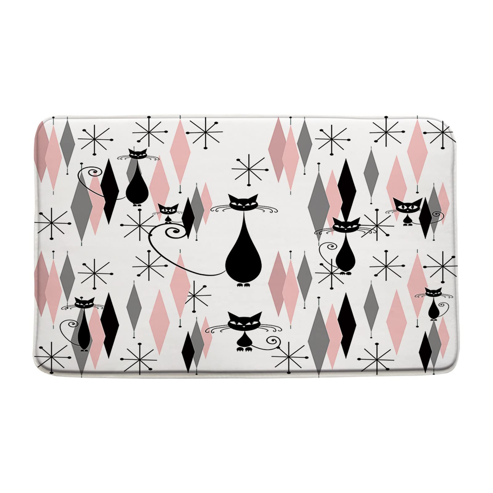 Mid Century Black Cat Bath Mat Atomic Cat Modern Abstract Geometric Pattern 1950s Vintage Pink Bathroom Decor Microfiber Memory Foam Backing Bath