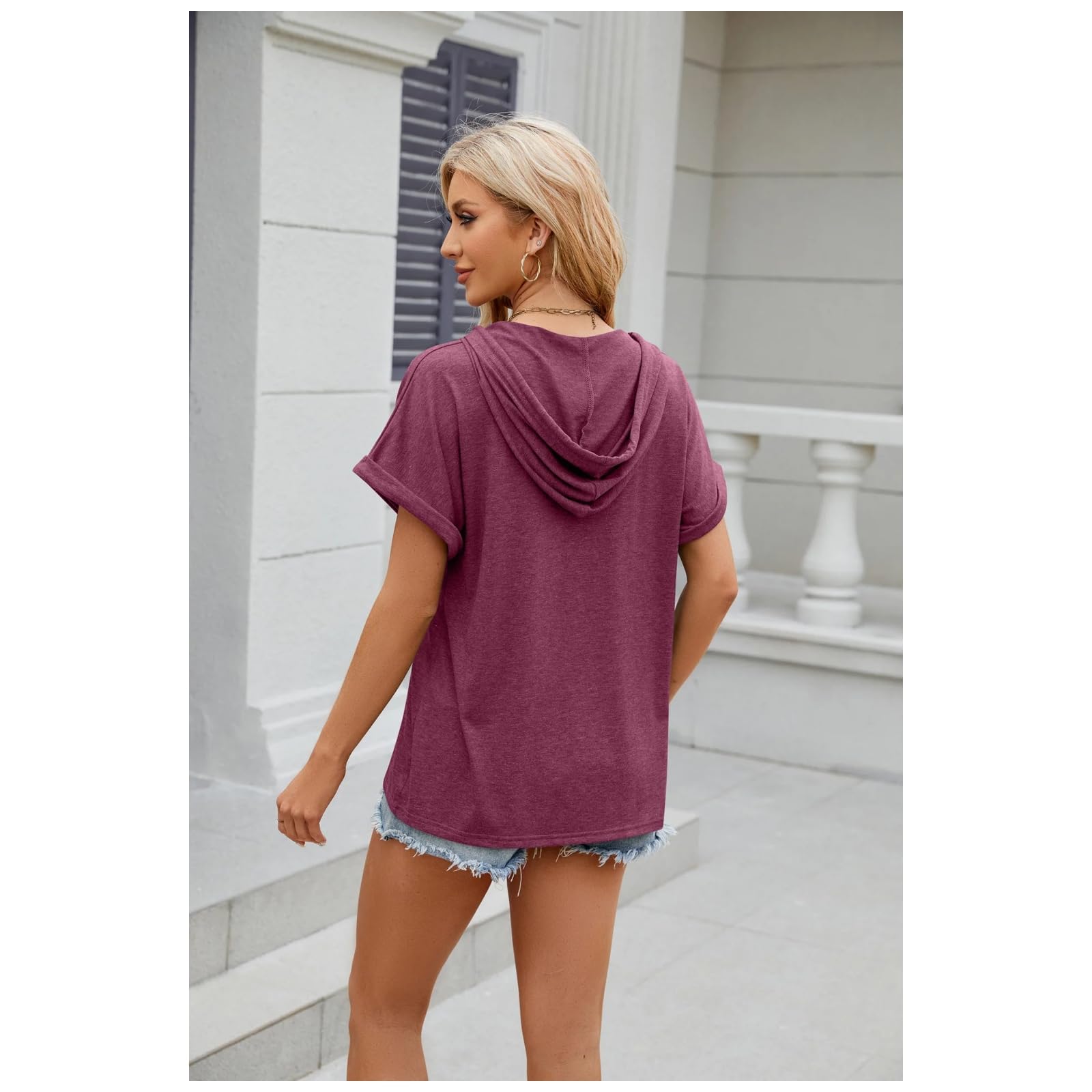 Camicia Donne Sciolte Casual Bottoni con Cappuccio Estate Top-Shirt