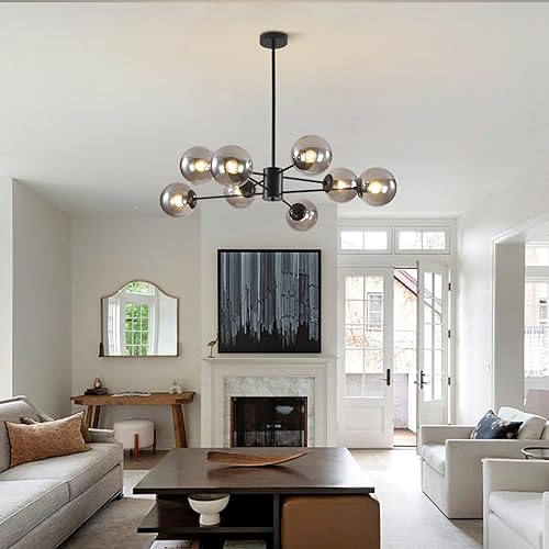 Miniatura 4 de BOKT Lámpara de araña moderna de mediados de siglo, 8 luces, globo de bola de cristal, lámpara de techo empotrada, lámpara de techo industrial,