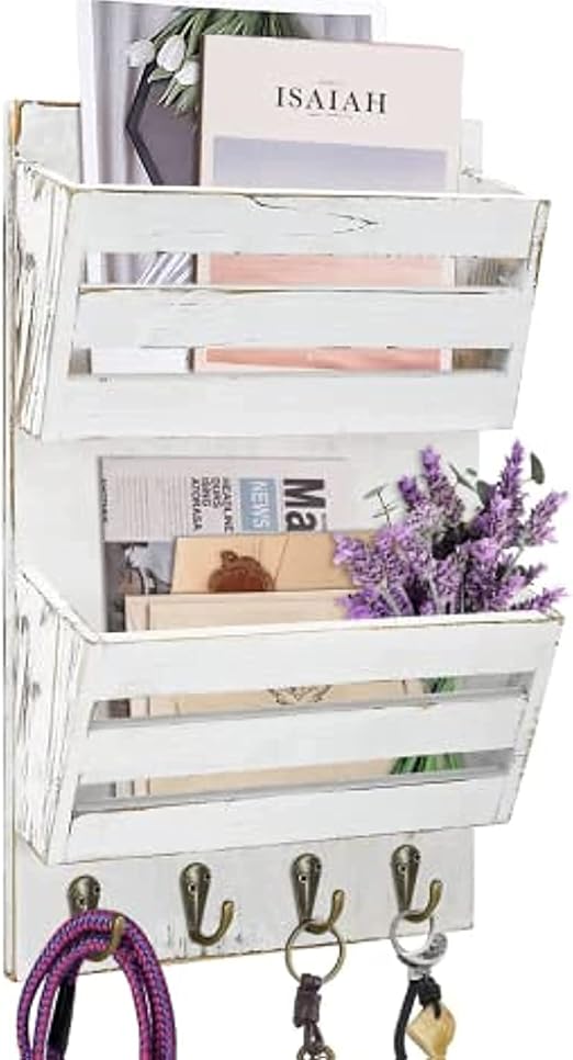 Unistyle Mail Holder with Key Hooks Mail Organizer Wall Mount Hanging Mail Organizer for Home,Office,Entryway,Mail Holder Wall Mounted for Letter, Magazines, Keys, Leashes