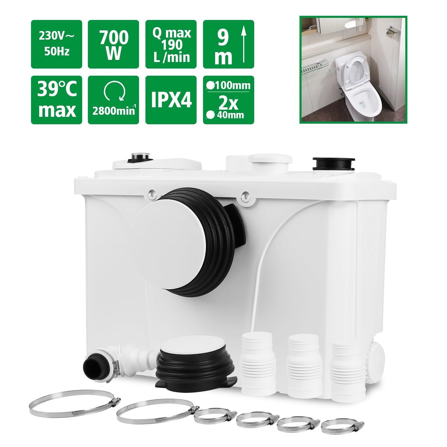 Eulenke Pompe per Fognature Sanitarie 700 W, 190 l/min, a basso rumore (39 dB), possono essere installate in lavabo, WC, docce, ecc