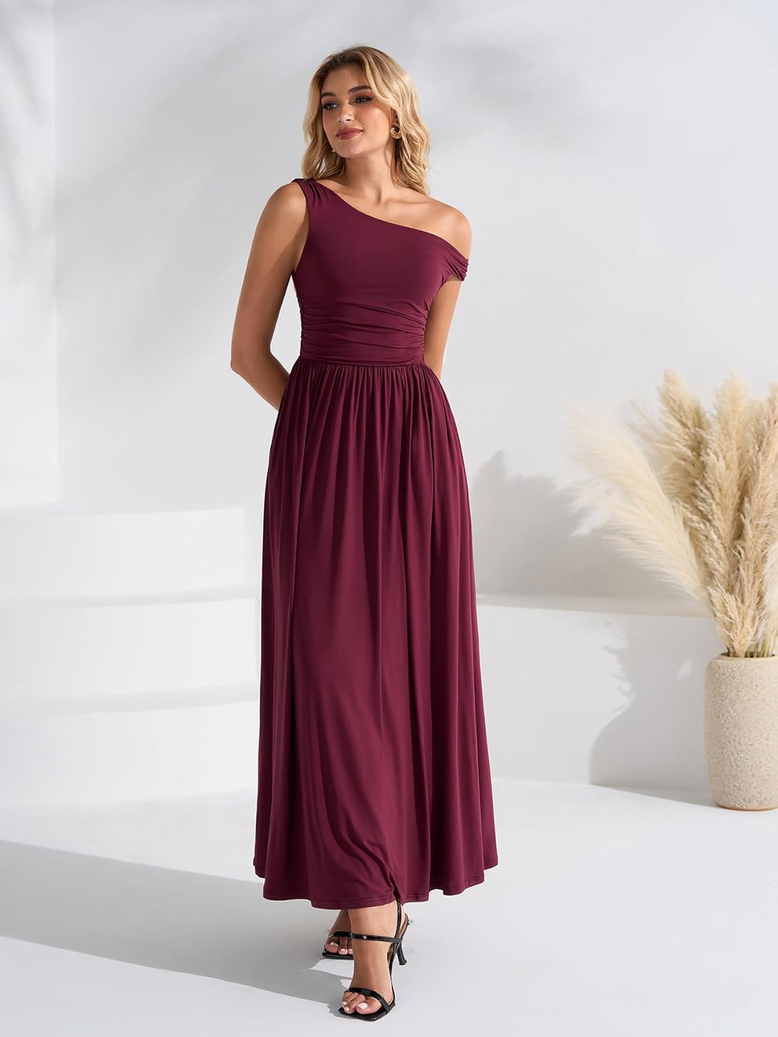One Shoulder Maxi Dress Summer Casual A Line Wedding Guest Long Formal Dresses with Pockets - Image 3