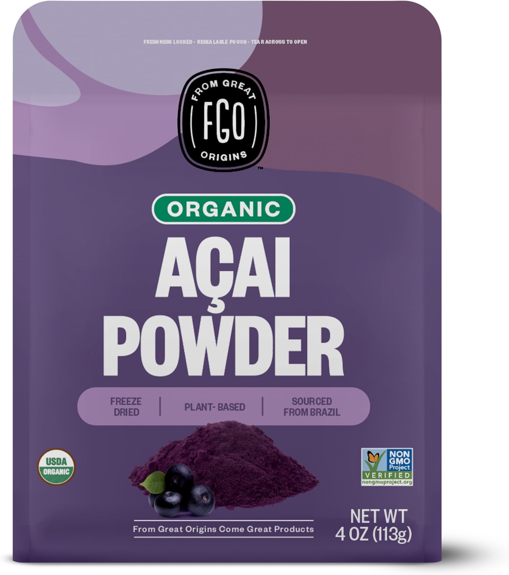 FGO Organic ACAI Powder (Freeze-Dried), 100% Raw Superfood Berry from Brazil, 4oz (Pack of 1)